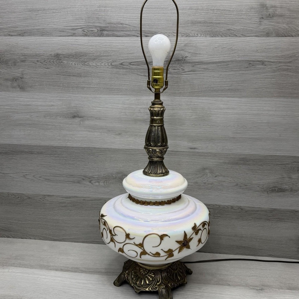 Falkenstein Table Lamp Pearl Milk Glass Gold Floral Hollywood Regency VTG